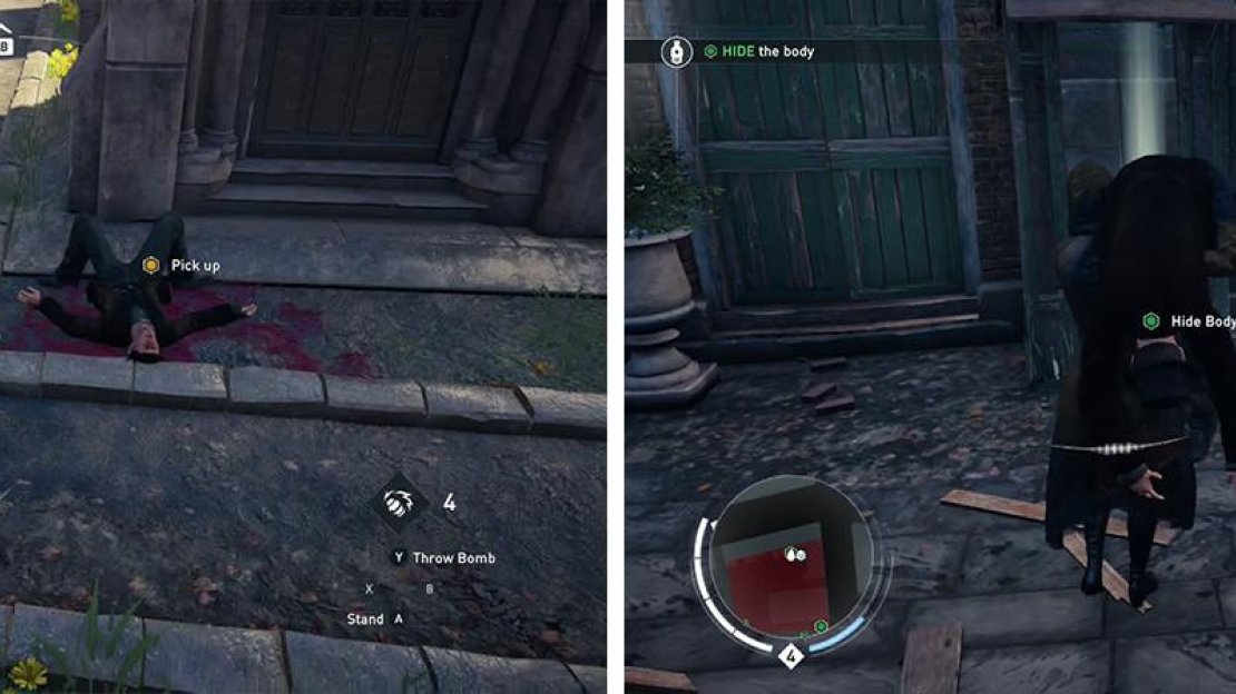 Grab the body from the cemetary (left) and take it to one of the hiding spots (right).