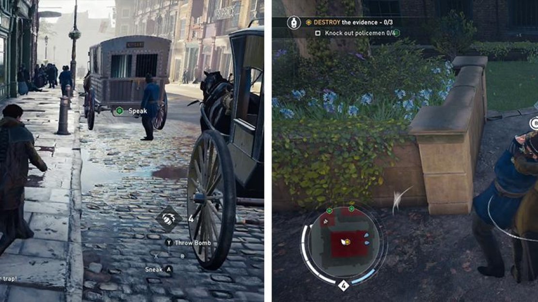 Approach the marked carriage (left) to speak with Nigel. be sure to knock out four policemen (right) for the optional objective.