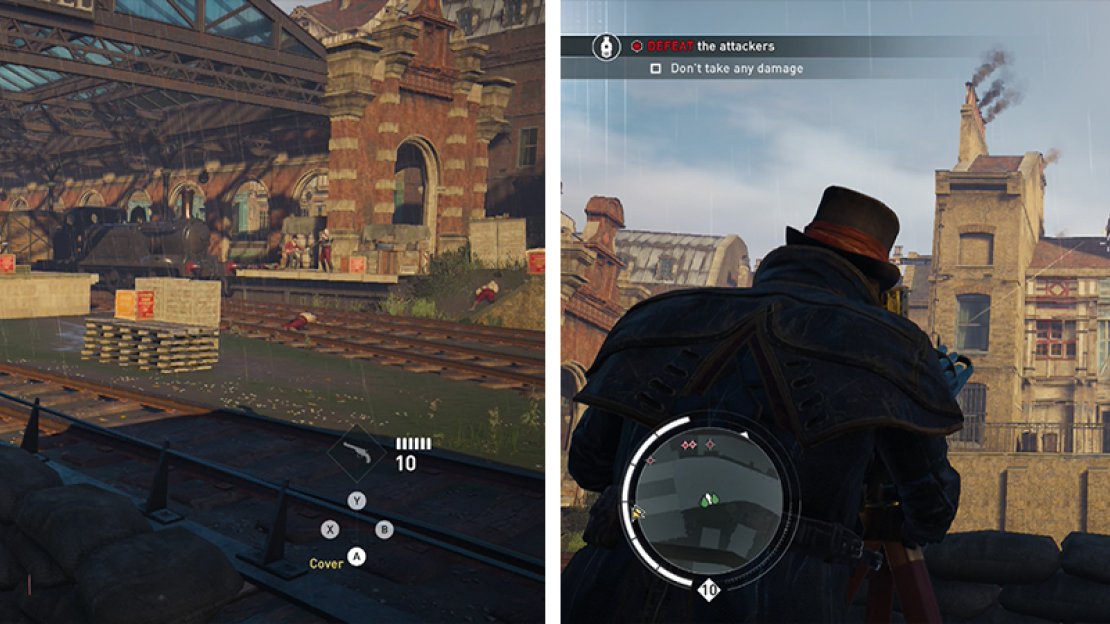 Watch out for enemies on the station platforms (left) and the rooftops on the right (right).