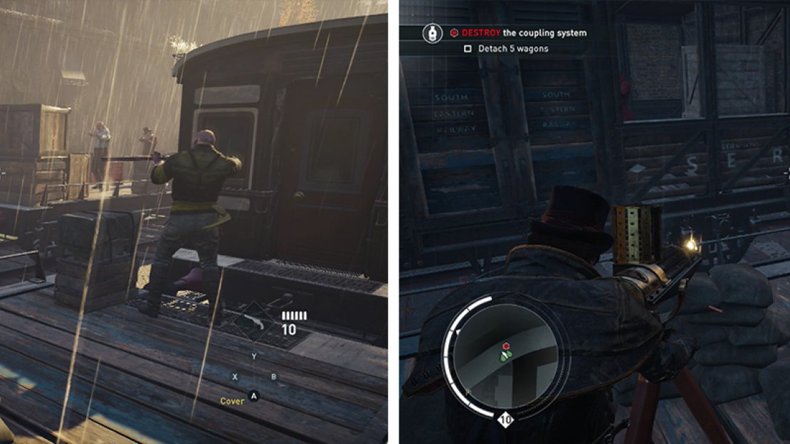 Shoot the Blighters as you move up the train (left) and be sure to destroy the couplings between carriages (right) for the optional objective.