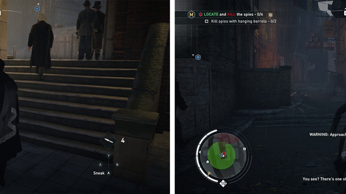Follow Marx out of the train station (left). As you follow him down the alley, use the hanging barrels (right) to defeat the spies.