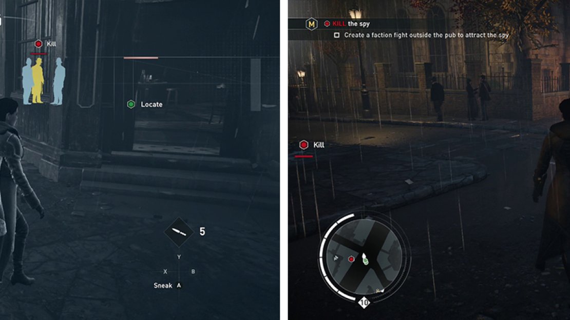 Locate the Spy in the pub (left). Hire some Rooks and have them attack some Blighters (right) to draw the Spy outside.