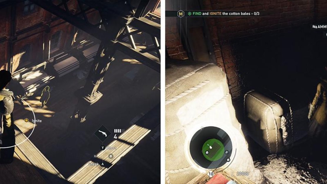 Infiltrate the factory from the roof and perform an air assassiation (left). Light the three bales of hay inside (right).