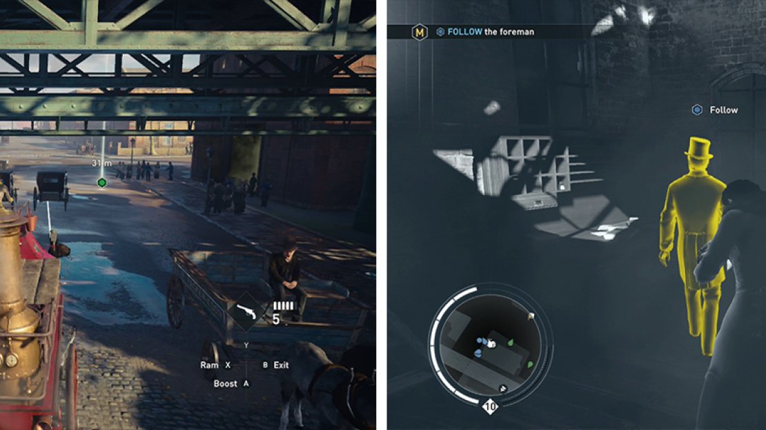 Return to the factory in a fire engine (left). Follow the foreman into the factory so that he grabs the reports (right).