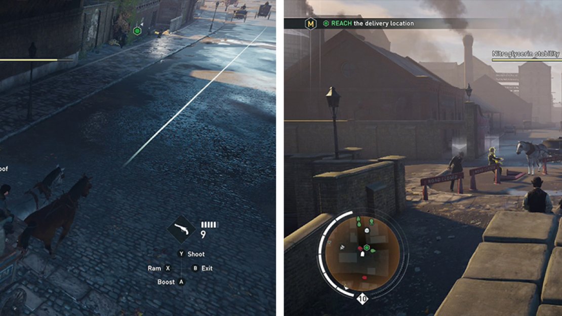 Shoot a horse to flip a carriage (left) for the optional objective. Manouver the cart through the obstacle course (right).