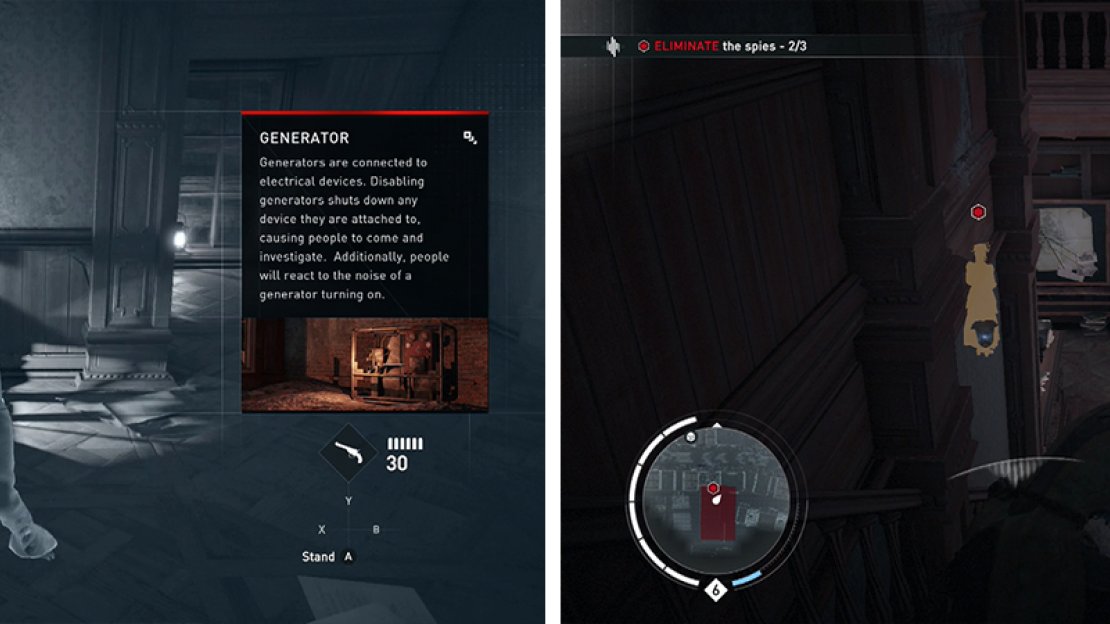 Use the generator to lure enemies into assassinations (left) before moving down to finish off the remaining enemies (right).