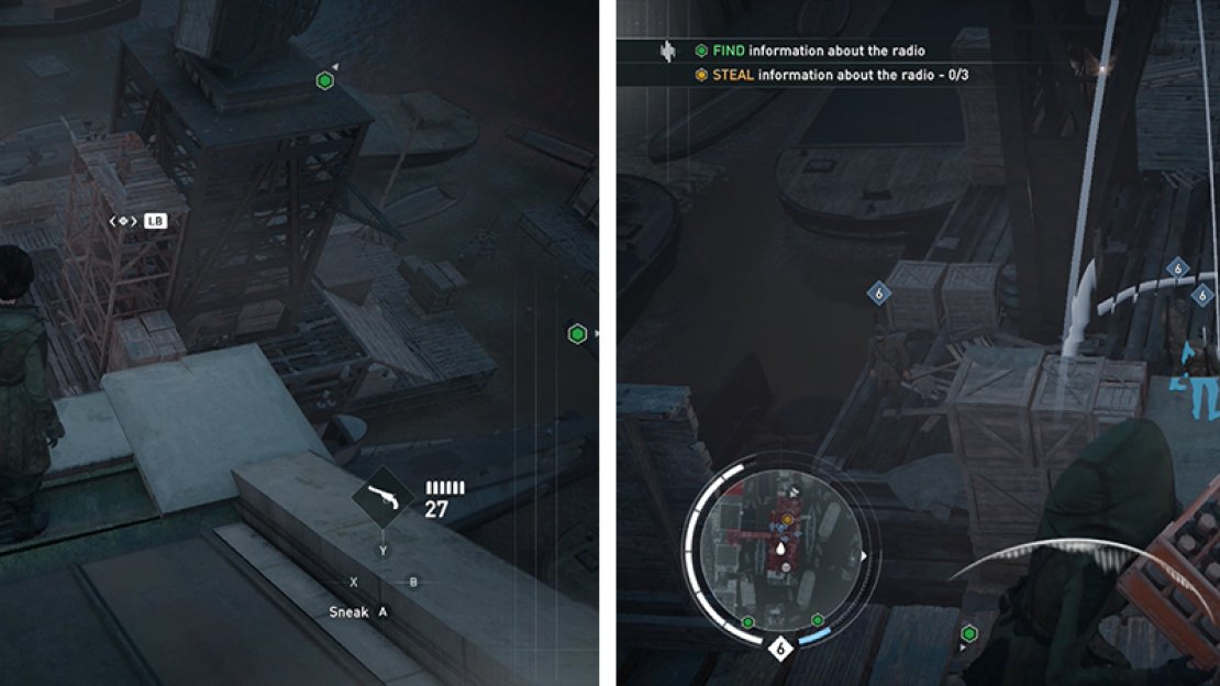 The first radio can be found by the docks (left). The nearby dynamite is a good way to thin out enemy numbers (right).