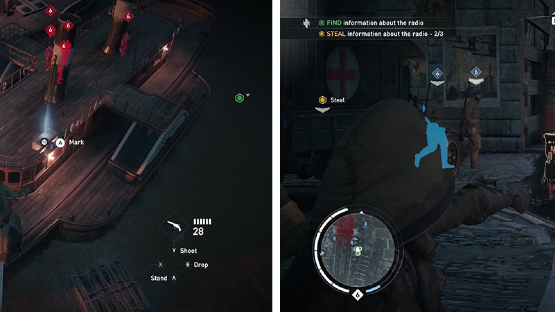 The second radio is on the deck of a ship near the bridge (left). The third is beneath the bridge and can be made easier using the darts (right).