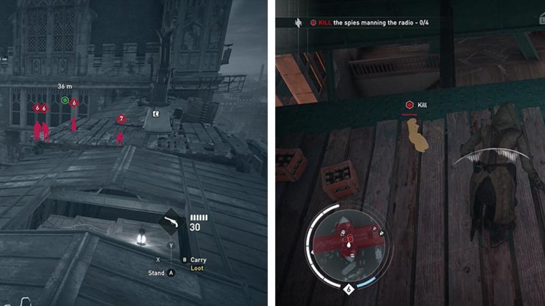 Make your way to the northern tower of the bridge (left). Enter via one of the multiple entrances and kill the Templars within (right).