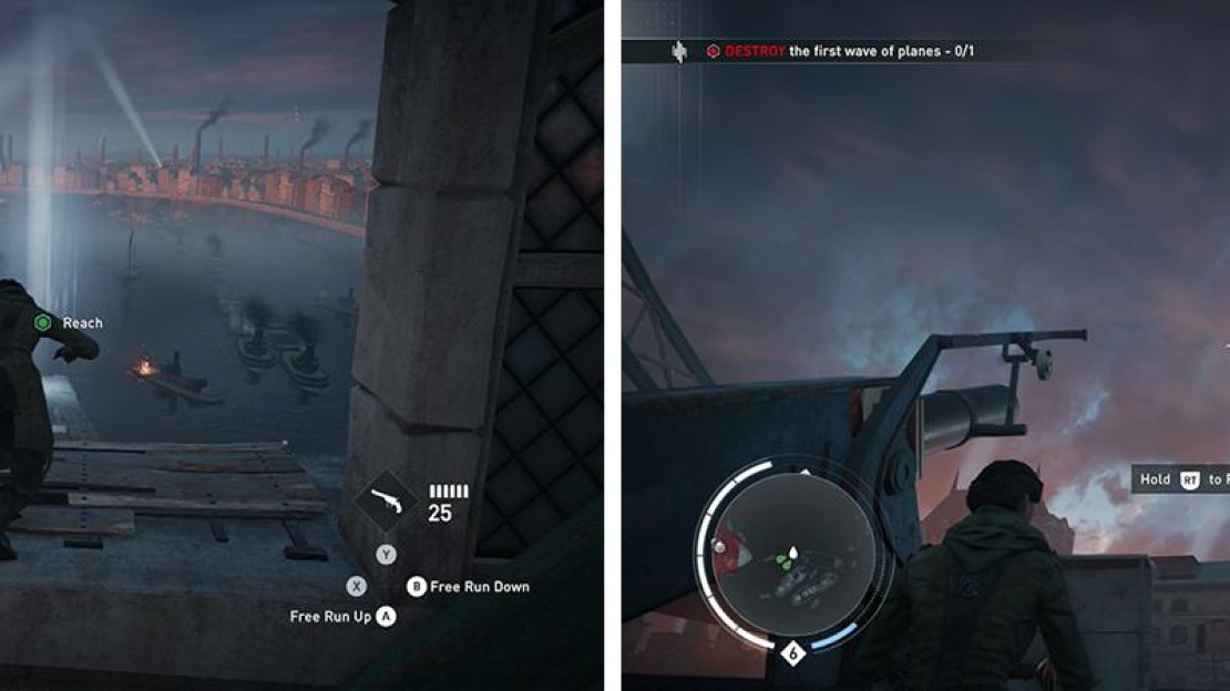 Exit the tower and dive down to the ships below (left). Hop on one of the guns and shoot down the planes as they fly overhead (right).