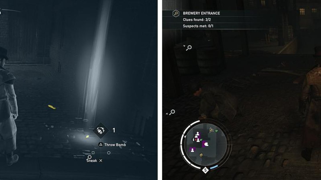 Investigate the clues by the brewery entrance (left) and speak with the suspect (right).