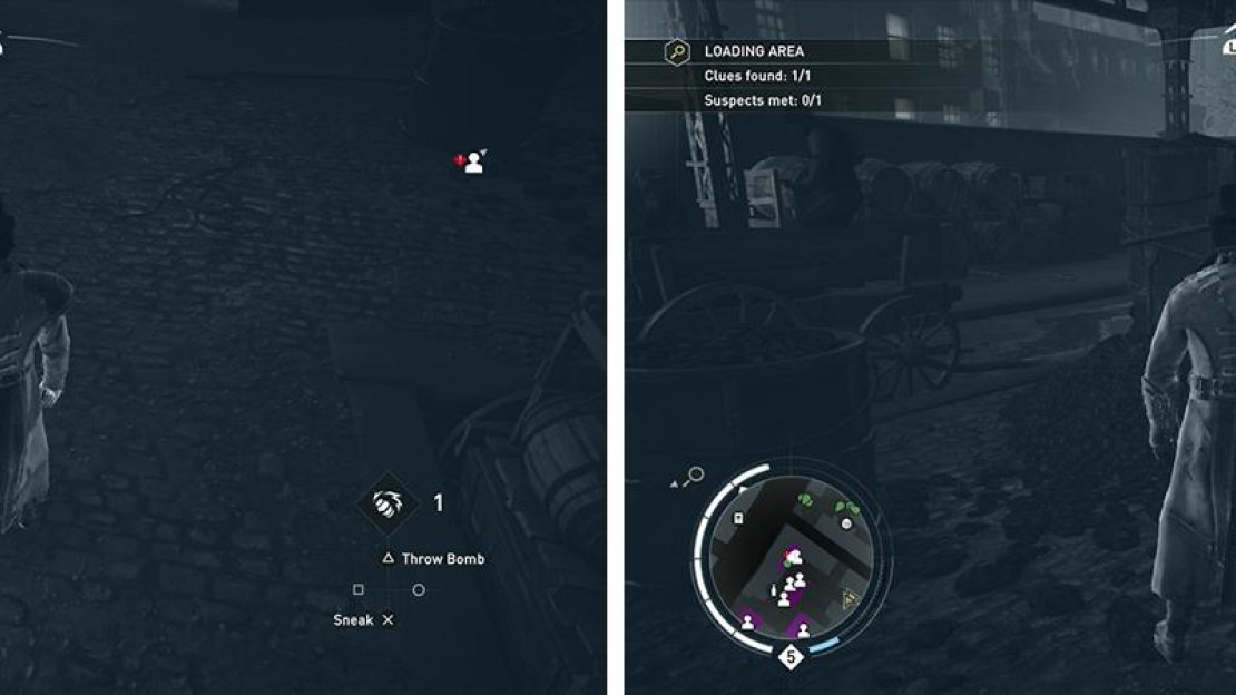 Investigate the clues by the loading area (left) and speak with the suspect (right).