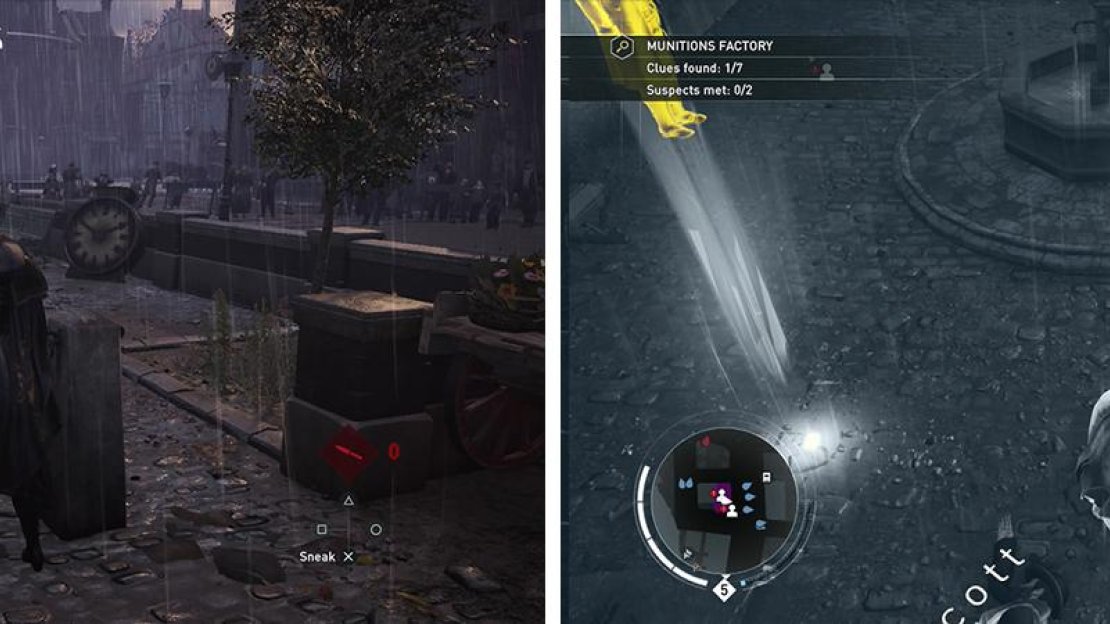 Investigate the body (left) and then investigate the clues in the search area (right).