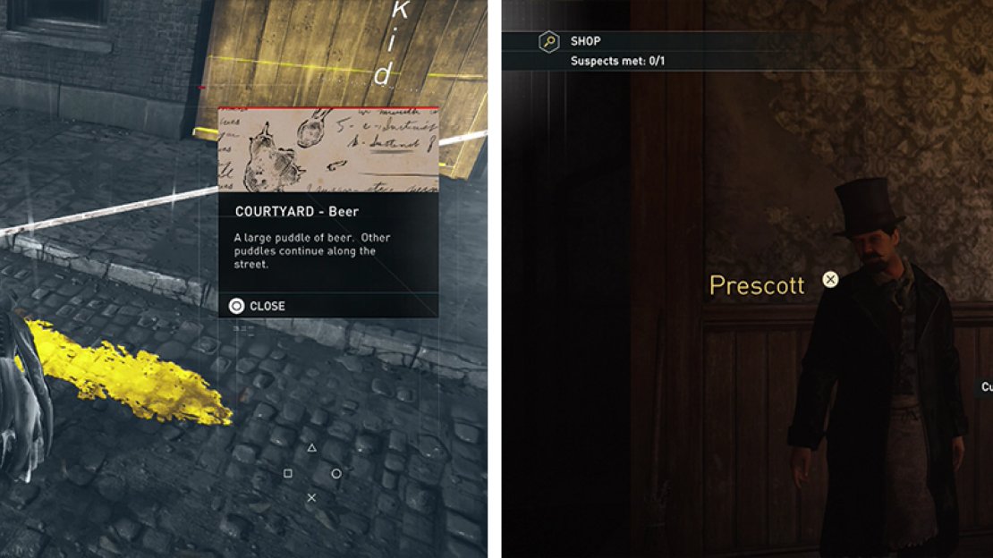 Investigate the clues by the courtyard/shop area (left) and speak with the suspect (right).