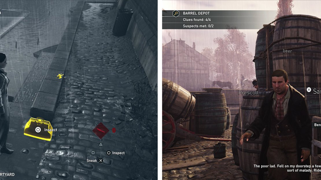 Investigate the clues by the barrel depot (left) and speak with the suspect (right).