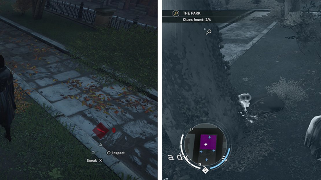 Investigate the body (left) before looting the nearby clues (right).