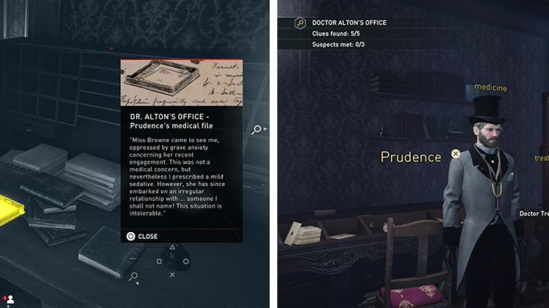 Loot the clues in Dr. Alton’s Office (left) and then chat with the suspects (right).