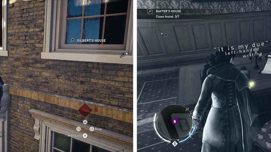 Enter Baxter’s house via the window (left). Loot the clues within (right).