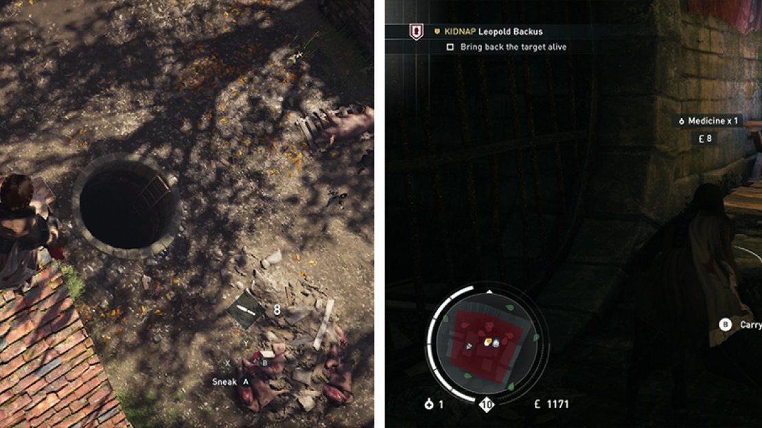 Find the ladder leading to the sewers (left) and grab the target within (right).