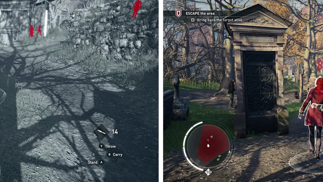 Enter the graveyard from the southeast for quick access tot he target (left). Once you have her, escort her from the area (right).