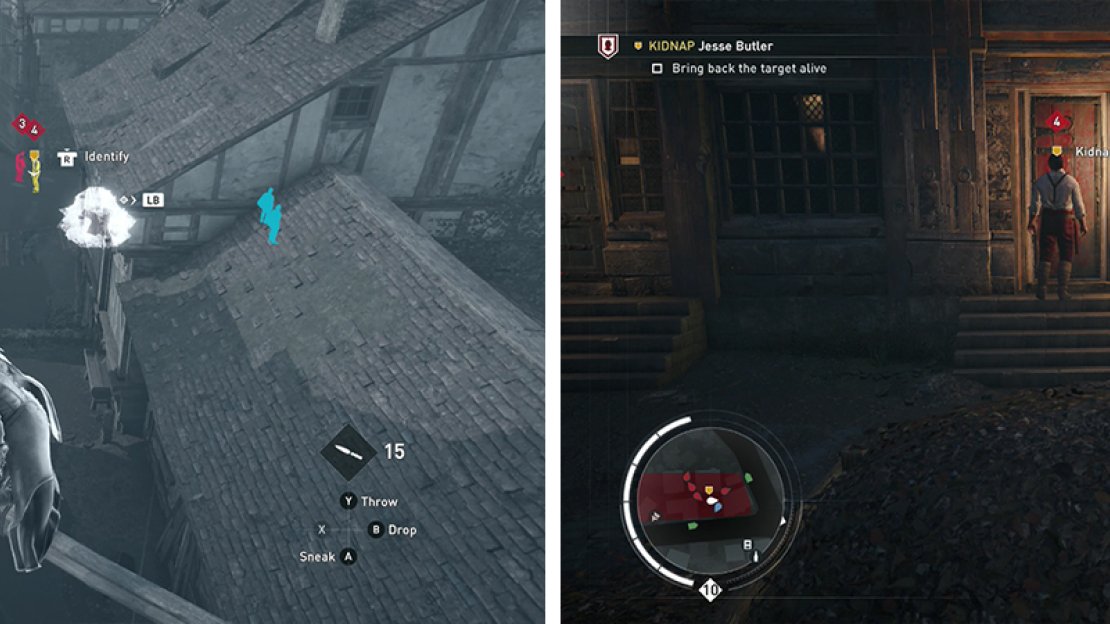 The target can be found by the hay bale in the north of the area (left). Grab him as he approaches the door (right).