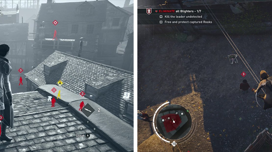 Use Eagle Vision to mark the enemies (left). The leader can be found by the captured Rook (right).