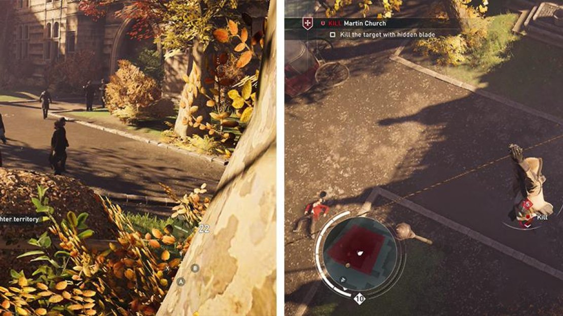 The target is found in a small courtyard (left). Kill him with an air assassination from the Rope Launcher (right).