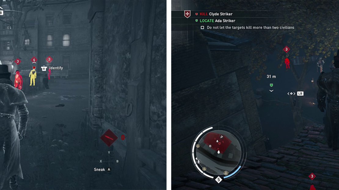 There are a pair of targets in this area (left). It’s best to approach the situation via the rooftops (right).