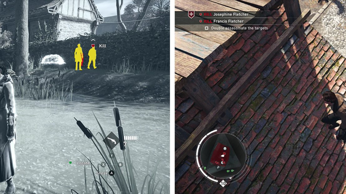 There are a pair of targets in this area (left). Use the trees pictured to reach the rooftops above the targets for a double air assassination (right).