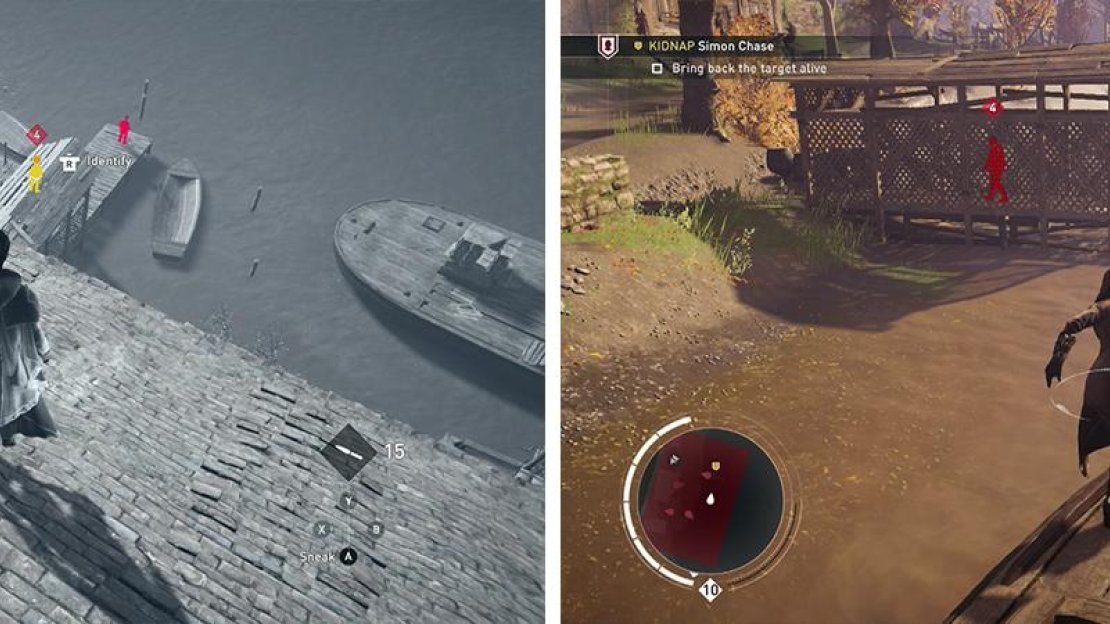 The target can be found at the end of a small pontoon (left). Approach from the waterfront to get at him undetected (right).