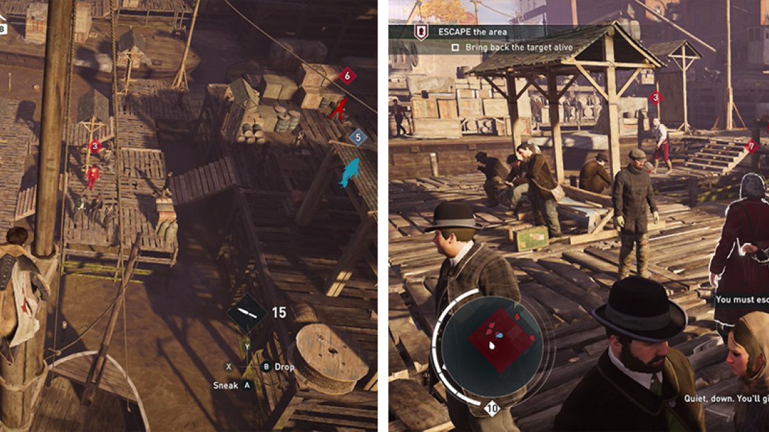 The target can be found on the platform furthest into the water (left). Dive down from a mast, climb up and grab him (right).