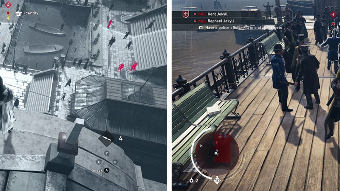 Use Eagle Vision to tag enemies/targets (left). Allow one of the targets to attack you and the police will attack them (right).