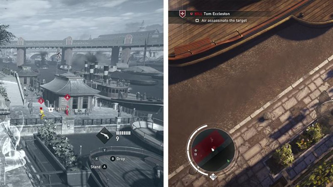 The target can be assassinated from the wall above (left). Wait for him to run below (right).