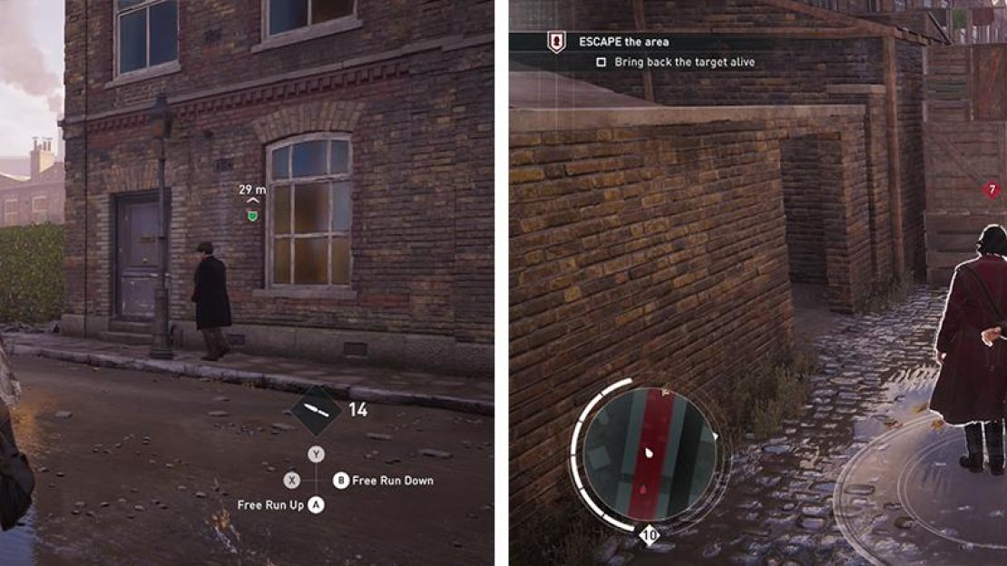 Locate the short wall along the street (left) the target is just beyond. Escort him to the end of the alley (right).