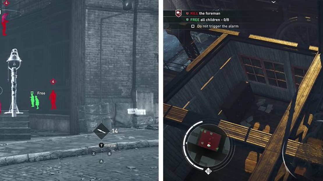 Disabling the alarm bell will make things easier (left). Afterwards climb to the rooftop and kill the foreman (right).