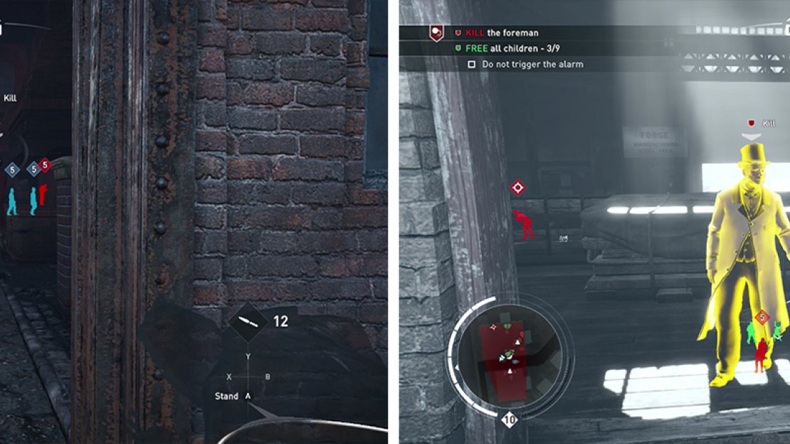 The first group of children is in the western building (left). The foreman can be assassinated from one of the sniper platforms on the main building (right).