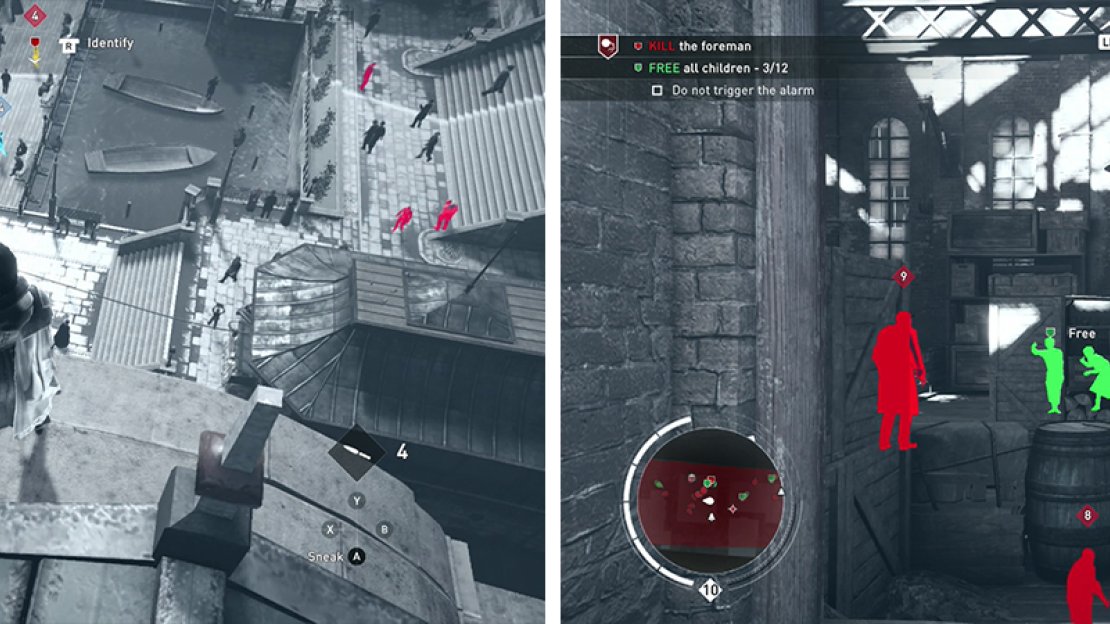 Use Eagle Vision from high locations (left). Tagging NPCs will allow you to see them through walls (right).