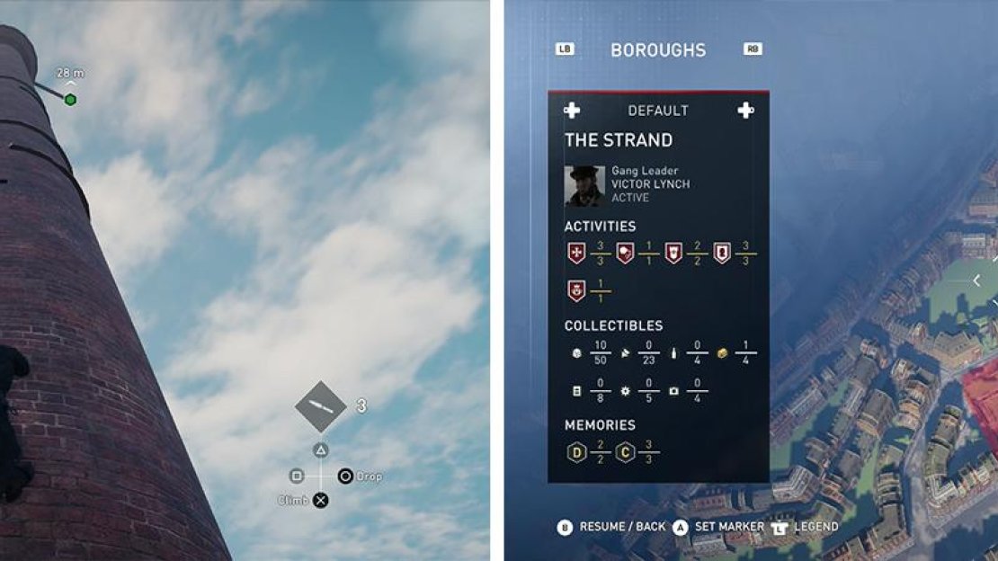 Climb up and synchronise viewpoints (left) to have collectibles and associate activites appear on the map (right).