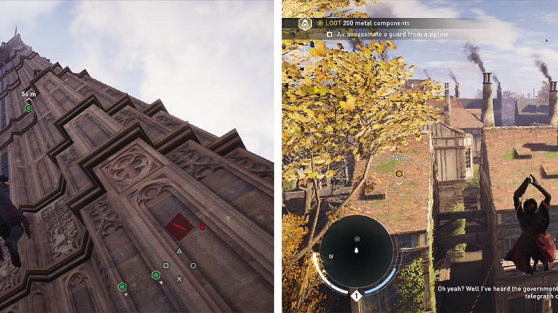 The Rope Launcher can be used to scale buildings (left) or to create ziplines (right).