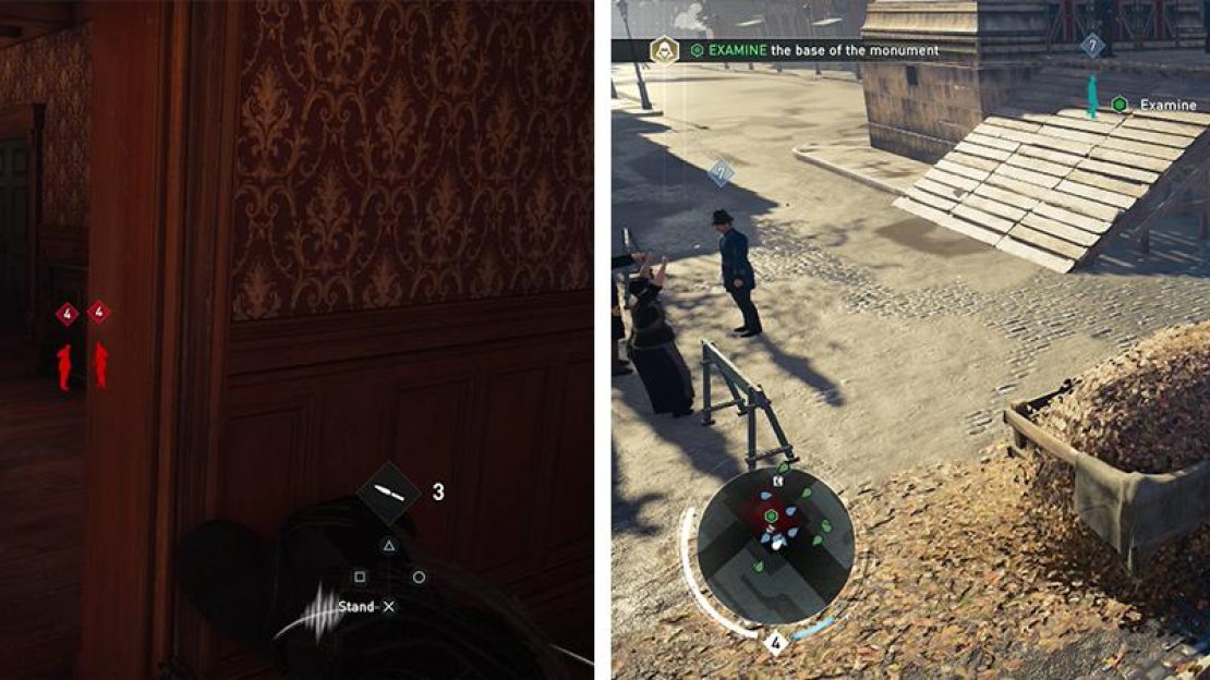 Crouching will allow you to enter cover (left). Hay stacks are one of several types of hiding spot (right).
