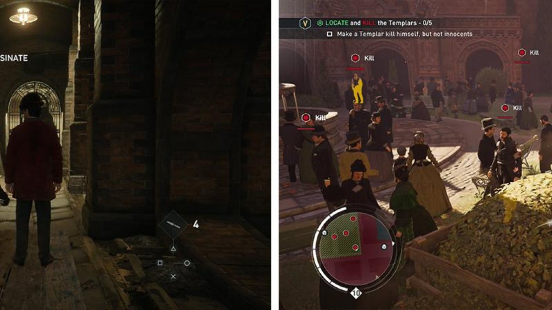 Approach a pair of enemies to perform a double assassination (left). Assassinating from a hiding spot is a great way to deal with patrolling enemies (right).