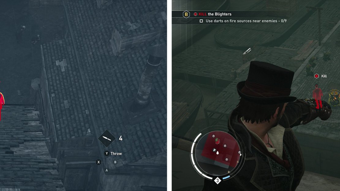 Throwing knives are effective at picking off enemies stealthily (left). The darts can be shot into fire barrels to effect enemies within range (right).