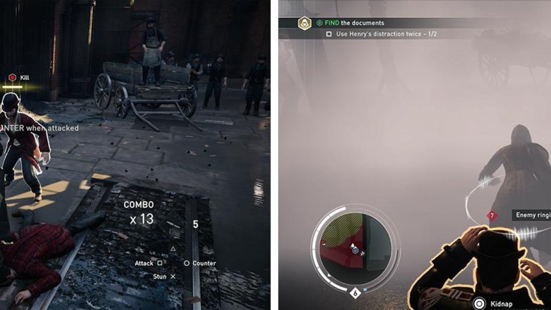 Counter enemies when their health bar flashes gold (left). Smoke bombs can be used to quickly escape combat (right).