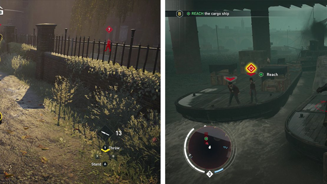 Yellow indicates you have been spotted (left). When the indicators turn red, enemies will attack (right).