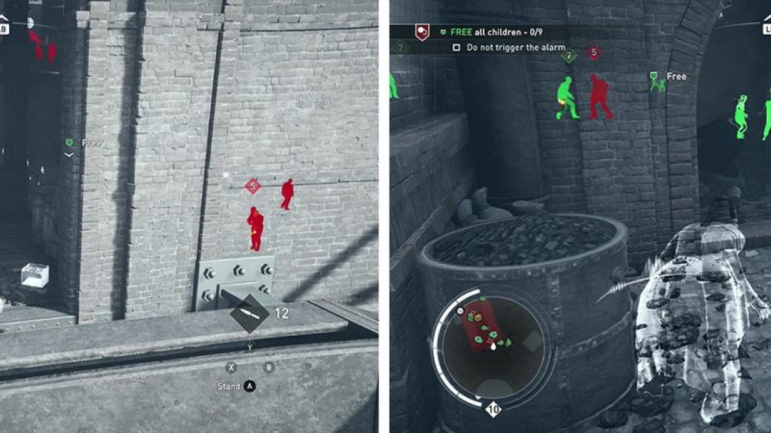 The train tracks are a fast way to reach the alarm (left). The three groups of children are all at ground level (right).