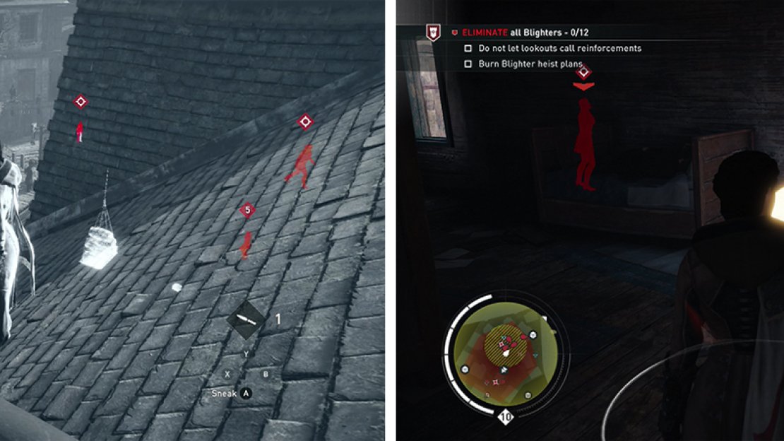 Tag the enemies using Eagle Vision from the rooftops (left). Don’t forget to burn the heist plans (right).