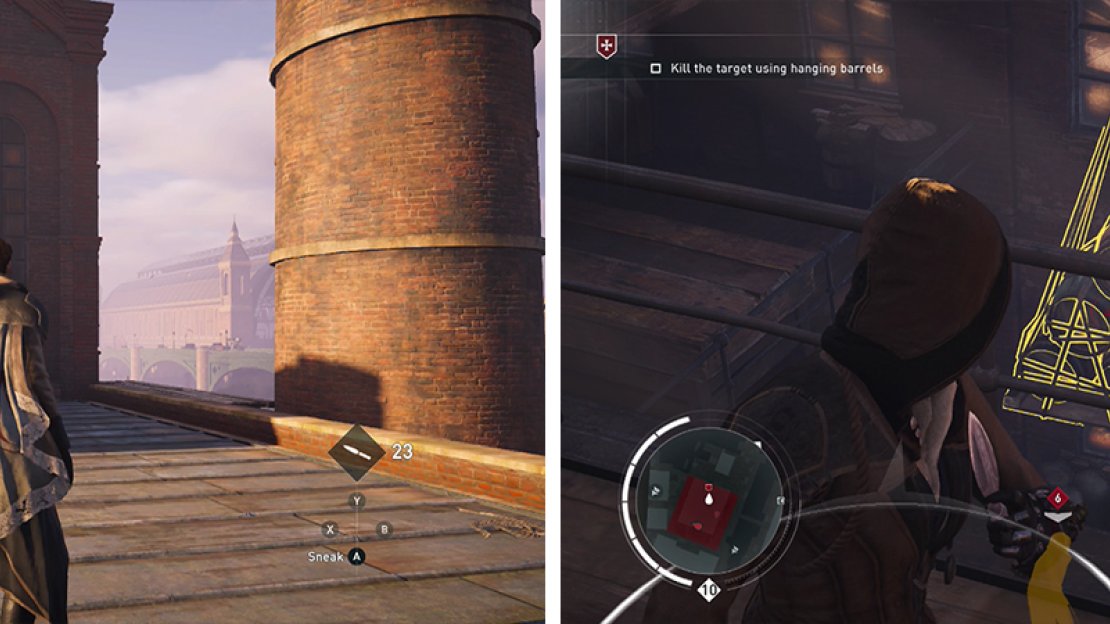 Enter the building via the rooftop entrance (left). When the target goes to inspect the body, kill her with the barrels (right).