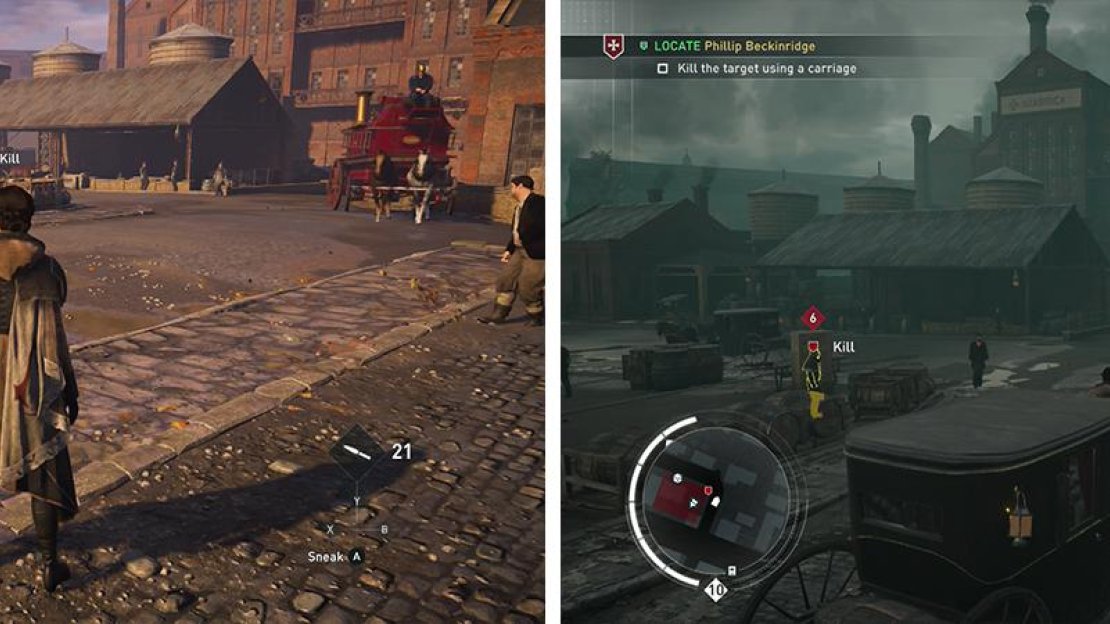 The target can be found in a small outdoor storage area (left). Grab a carriage and run him down (right).