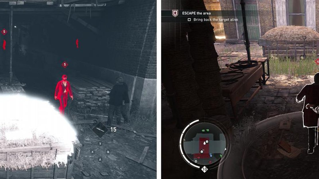 Use the haystack to kill the patroller (left). Hop out, grab the target and escort him from the area (right).