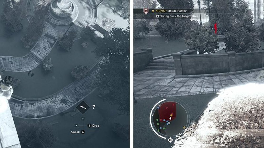 Dive into the haystack from the rooftop (left). Hop out when the target passes by to grab her quietly (right).